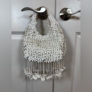 Handmade in India White Beaded Floral Fringe Evening Bag Bridal Purse